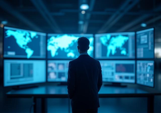 Logistics professional analyzing shipping routes on a digital interface