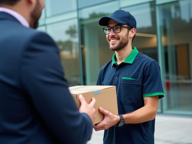 Professional Roussel Premier Logistics driver delivering a package to a modern business office in Arlington