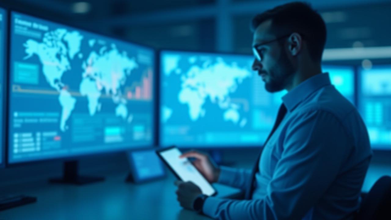 Logistics coordinator managing global freight routes on digital displays